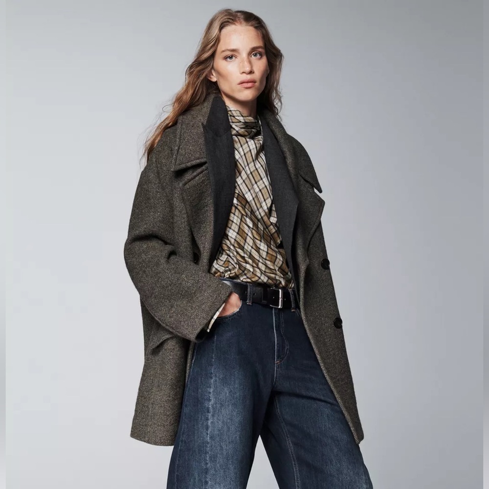 ZARA New Coat Wool Italian Fabric Double-Breasted  Oversized Size S Brown marl